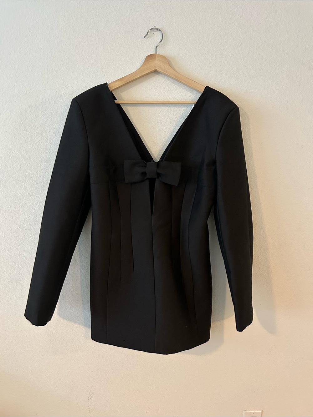 H&M Edition Black Bow Mini Dress Long Sleeve Deep V Tailored Size M - Picture 4 of 6